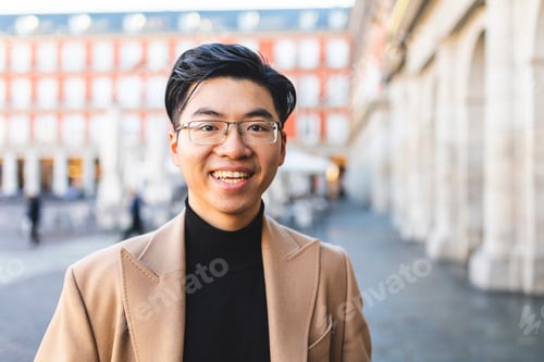 Preview: Spain, Madrid, portrait of happy young man at Plaza Mayor
