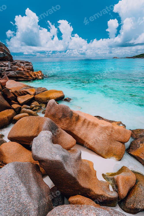 Preview: Beautifully shaped granite boulders in evening light at Grand Anse beach, La Digue island
