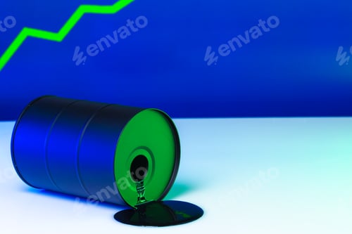 Preview: Price of american oil is changing concept. Black barrel with oil and graph