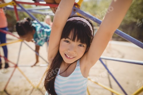 Preview: Portrait of happy girl playing on dome climber