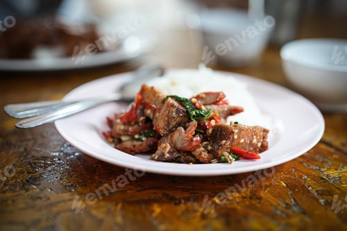 Preview: Close up and selective focus stir-fried crispy pork belly and basil with rice.