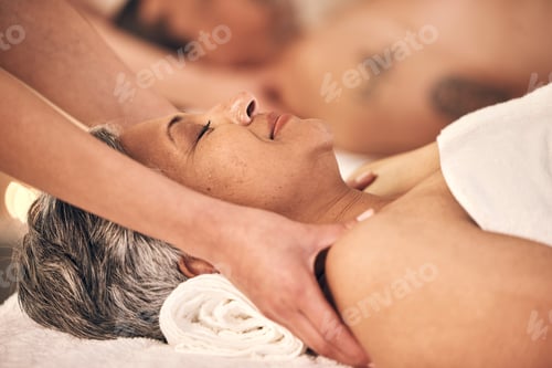 Preview: Relax, massage and zen with old couple in spa for vacation, luxury and beauty salon. Peace, wellnes