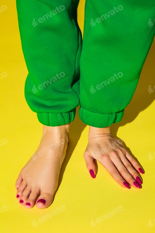 Preview: Bright fashionable hand and leg working up daily things together. Modern artwork, contemporary art