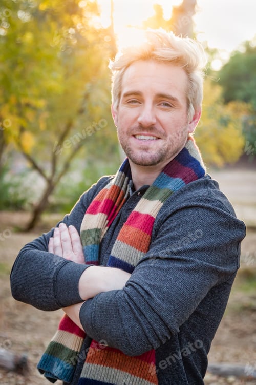 Preview: Handsome Young Adult Male Wearing Scarf Portrait Outdoors