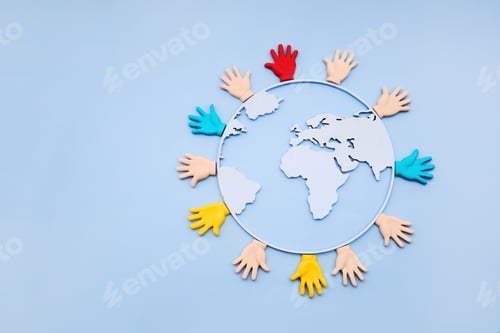 Preview: Diverse hands surrounding globe representing global unity and inclusion