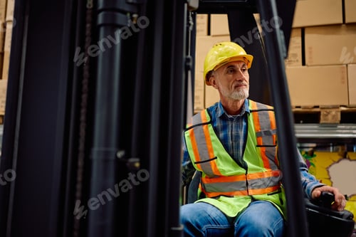 Preview: Senior warehouse worker moving pallets with forklift in storage compartment.