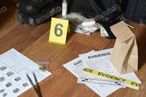 Preview: Evidence Chain of Custody Labels and brown paper bag with fingerprints applicant card