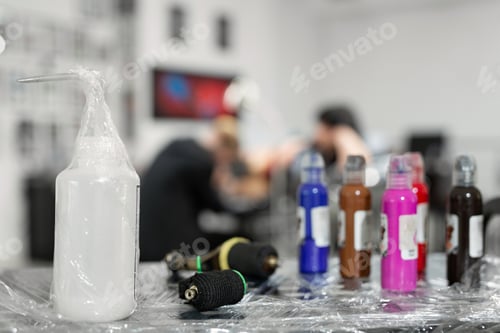 Vista previa: Many professional bottles with colored ink for tattoos
