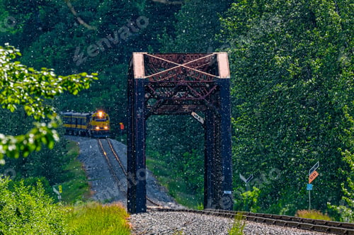 Preview: view of a train coming from far on a railway track in the woods with an iron bridge on a sunny day