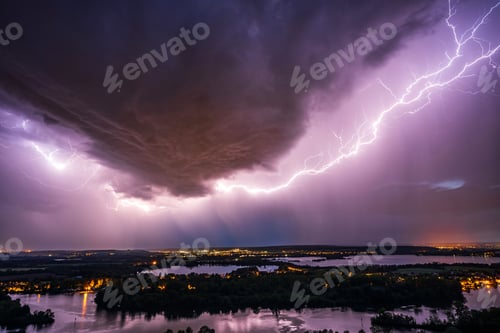 Preview: Beautiful shot of lightning strike in the night sky over the city on a stormy night. Mystical clouds