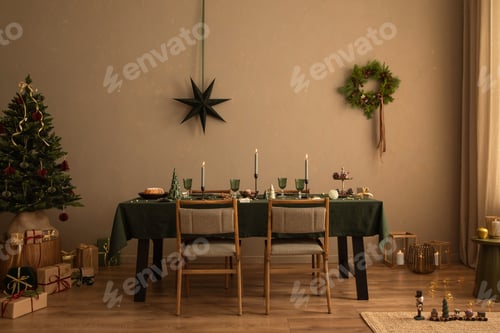Vista previa: Interior design of christmas dining room interior with personal accessories. Homne decor