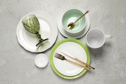 Preview: Beautiful ceramic dishware, cup, glass and cutlery on light grey table, flat lay