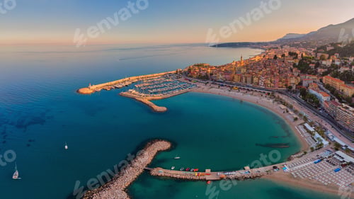 Preview: Menton old city on the french Riviera, France. Drone aerial view over Menton France Europe