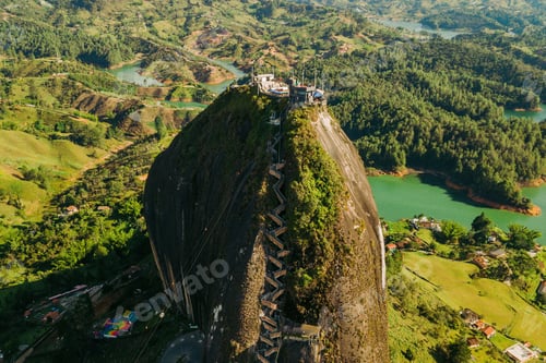 Preview: Aerial beautiful shot of Piedra El Penol, Guatape Antioquia in Colombia