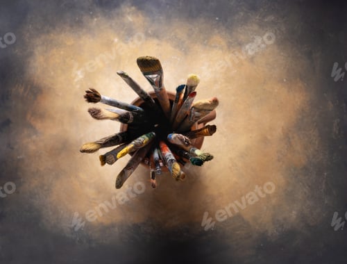 Preview: Paint brush in clay jug and art painting as abstract background texture. Paintbrush painting