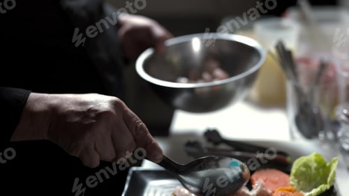 Preview: Peruvian Latinx senior chef cooking ceviche. Recipe Preparation in bistro kitchen. slow motion 4k