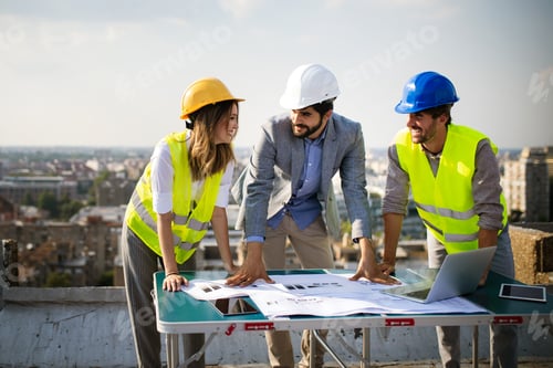 Preview: Architects, business manager and engineer meeting project at building site