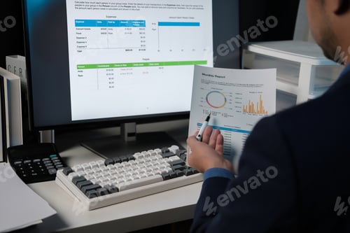 Preview: A man is sitting at a desk with a computer monitor and a piece of paper