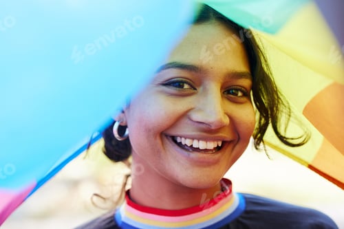 Preview: Rainbow, flag and portrait with an indian woman in celebration of lgbt equality, freedom or gay pri