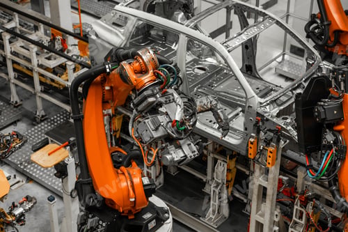Preview: Car bodies are on assembly line. Factory for production of cars. Modern automotive industry
