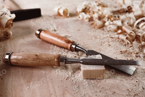 Preview: Carpenter's chisel, woodwork tool on the desktop in the workshop