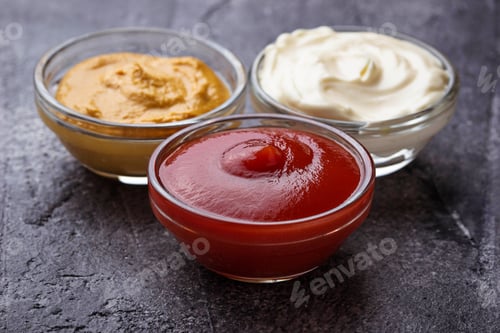 Preview: Set of different sauces: mustard, ketchup, mayonnaise.