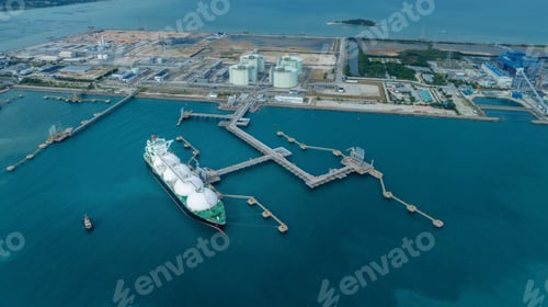 Preview: LNG (Liquified Natural Gas) tanker anchored in Gas terminal gas tanks for storage. Oil Crude Gas