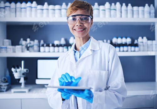 Preview: Science, black woman and research on tablet in laboratory for planning, innovation and pathology. P