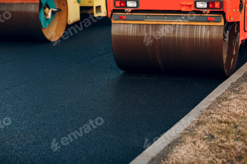 Preview: Asphalt paving. Paver machine and workers. New road construction.