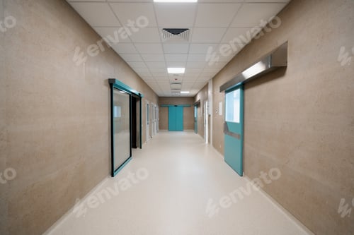 Preview: Hospital empty corridor Modern hospital automatic door entrance to operating room