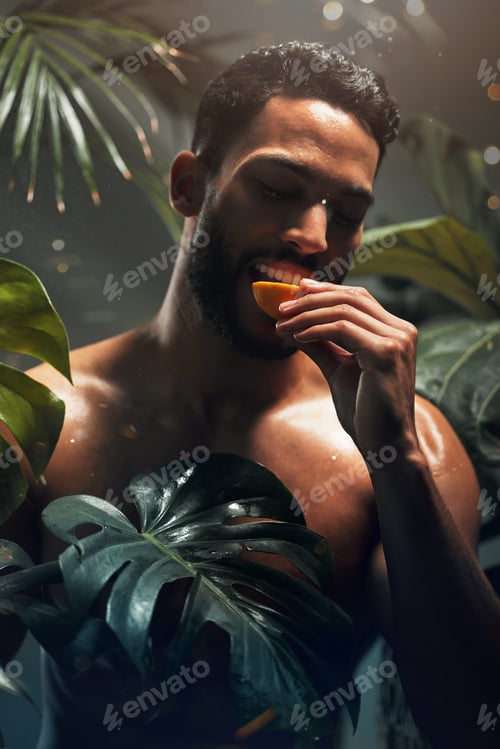 Preview: Beauty, tropical and model eating fruit in jungle for health, diet and wellness nutrition in paradi