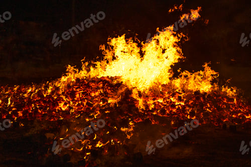 Preview: Bonfire flames by night. Combustion and flammable place. Hell