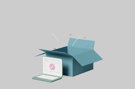 Vorschau: Modernes minimalistisches Design mit offener Box und Laptop