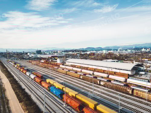 Preview: Colorful cargo trains, aerial view, trains standing at the railway station