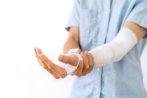 Preview: Young man with gauze bandage wrapped around injury hand on white background