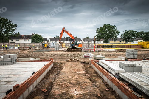 Vista previa: Tractor, materiales de construcción en el sitio de construcción