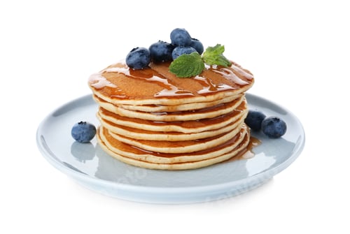 Preview: Plate with stack of tasty pancakes and fresh berries on white background