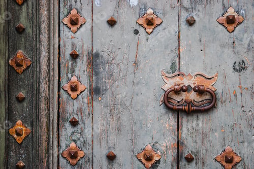 Preview: Old wooden door with metal decor background