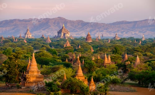 Preview: Sunrise landscape view with silhouettes of old temples, Bagan