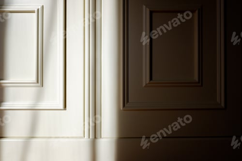 Preview: Shadows and sun rays outline a white wooden door with a skilled carpenter.
