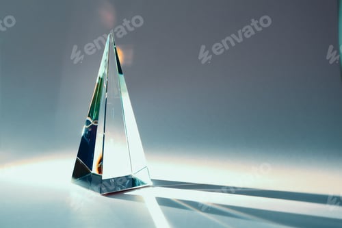 Preview: Glass pyramid prism with colorful sunlight reflection on background with copy space