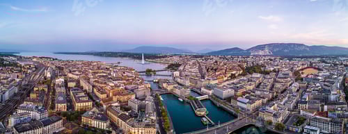 Preview: Geneva, Switzerland skyline view towards the Jet d'Eau fountain in Lake Geneva