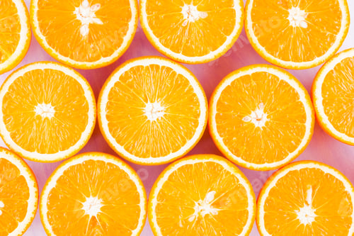 Preview: Background Of Oranges Fruits. Many Halves Of Fresh Oranges, Top View. Citrus For Making Juice. A
