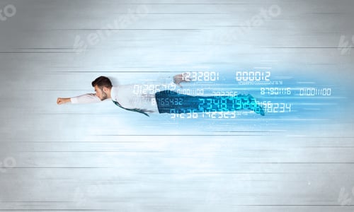Preview: Businessman Flying Super Fast With Data Numbers Left Behind Concept