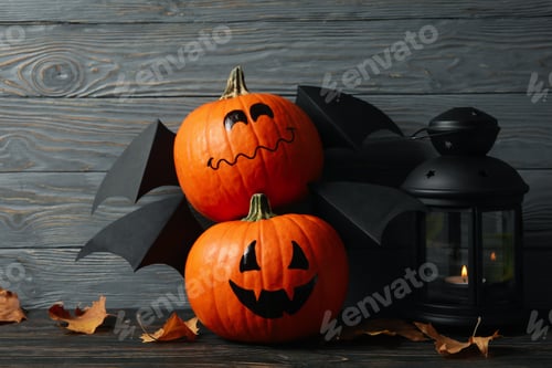 Preview: Lantern and pumpkins with wings on wooden background
