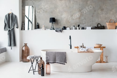 Preview: Modern bathroom interior with minimalistic shower and lighting, white sink and bathtub