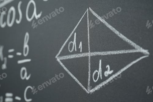 Preview: Many different math formulas written on chalkboard, closeup