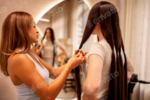 Preview: Pretty brunette young woman looks into a huge mirror when her luxurious long hair is cut off