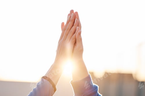 Preview: High five, fitness and hands in sky for teamwork, goals or collaboration training, team building an