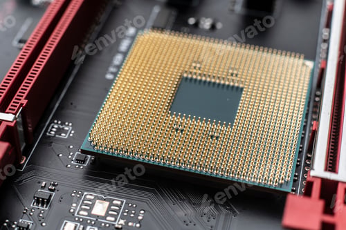 Preview: macro shot of the golden contacts of central processor on the computer motherboard, modern micro and